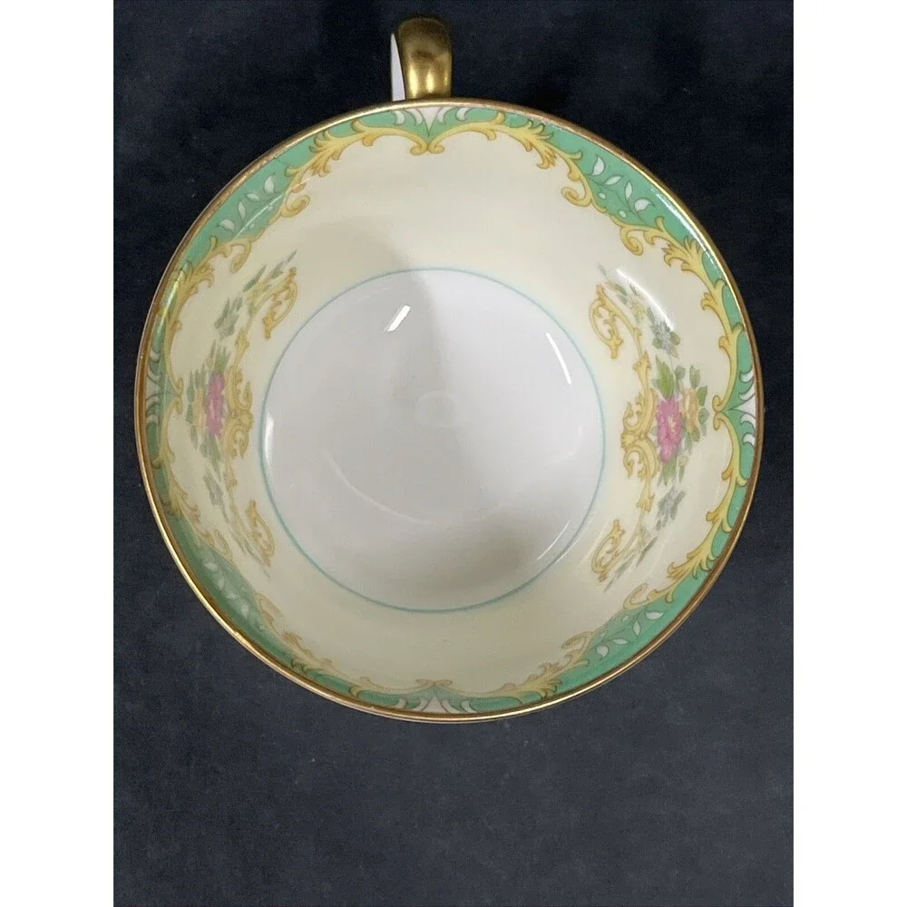 1930s Noritake Tiffany M Teacup Saucer Plate 4 Pc Set Gold Trim Ivory Aqua Beige